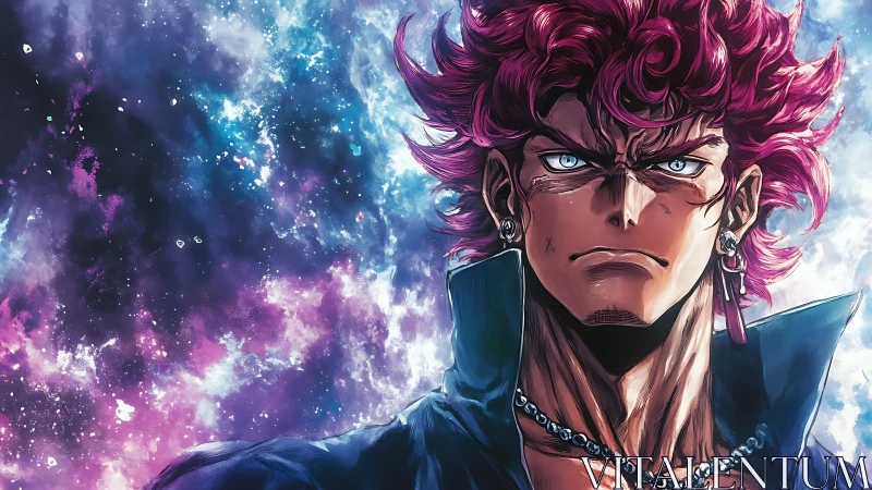 Intense anime warrior against cosmic nebula backdrop.