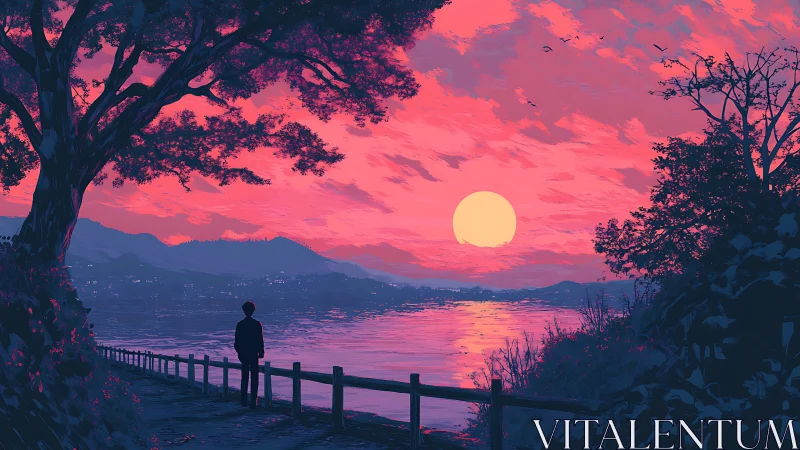 Solitary dreamer beneath neon dusk over quiet river path.