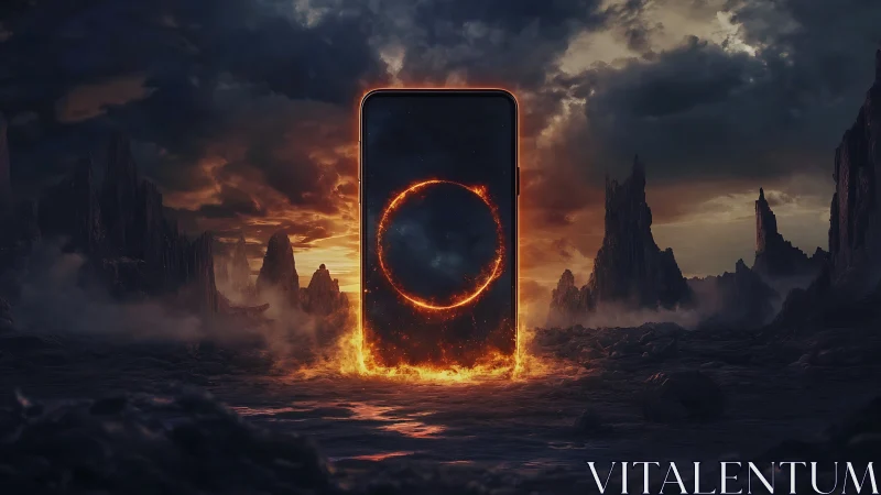 Flaming portal smartphone dominates volcanic wasteland sky.