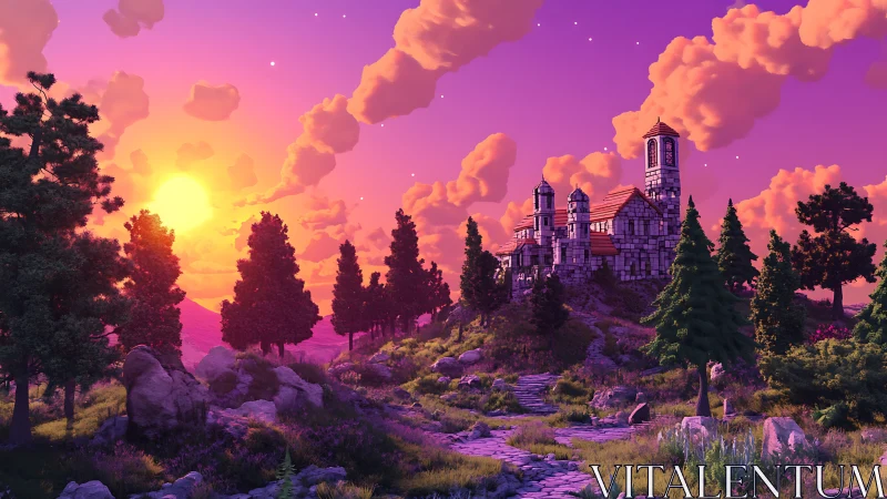 Sunset citadel crowns a candy-sky forested hillside dream.