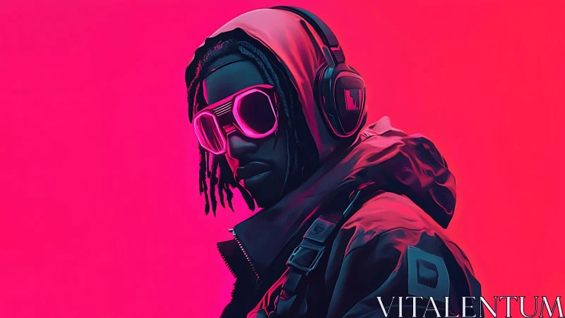 Neon-clad listener drifts through electric magenta silence