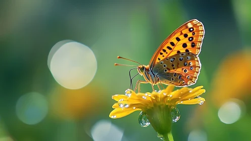 Orange butterfly rests on dew-kissed yellow flower in bokeh glow.