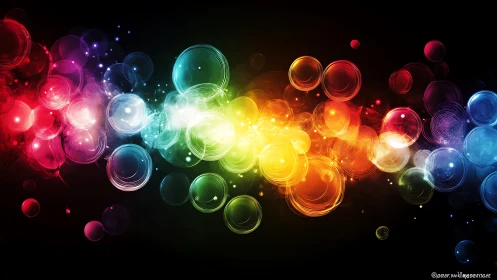 Vibrant rainbow light orbs swirl across deep black background