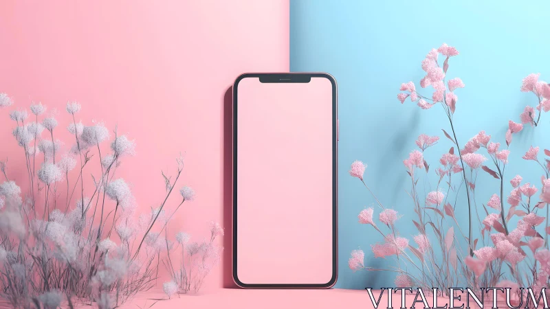 Modern smartphone on pastel pink and blue background with flowers.