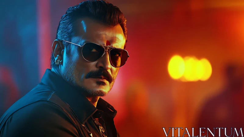 Tough man with sunglasses stands in neon cinematic lighting