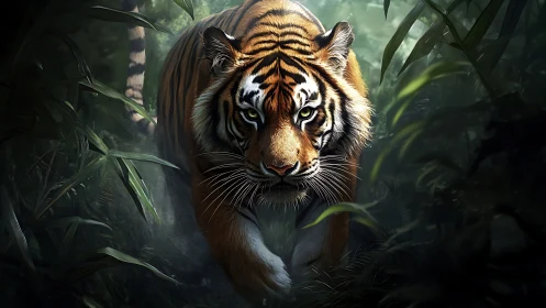 Silent jungle tiger walks forward with powerful calm focus
