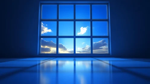 Gridded sky leans through a window and paints blue silence