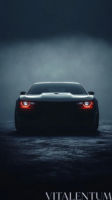Muscle car front glows through moody cinematic night fog