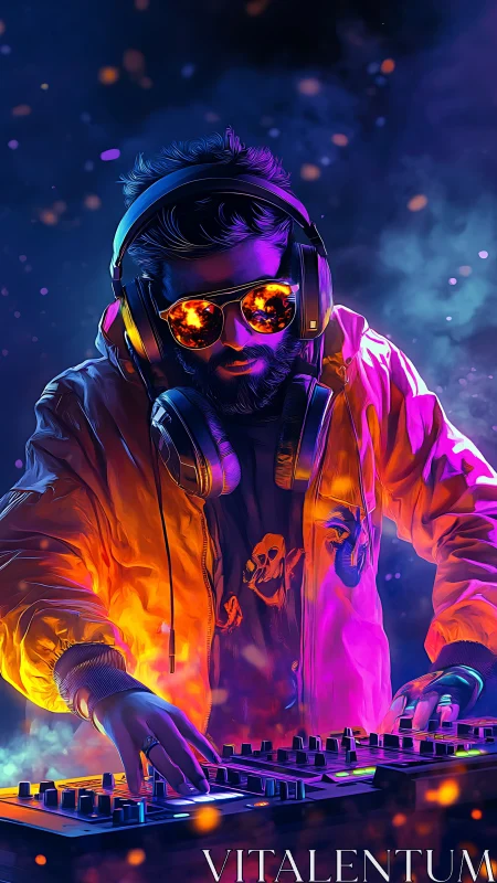 Neon blaze DJ weaving firelit beats in chromatic night.