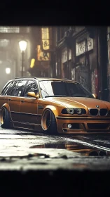 Golden city wagon resting low on a rainwashed street.