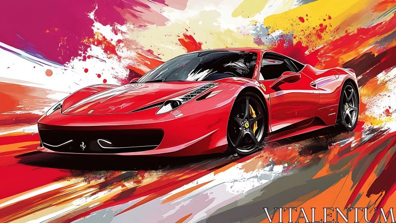 Scarlet supercar surfing a wildfire of painted motion.