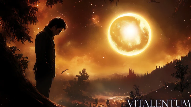 Solitary figure before luminous celestial body at dusk.