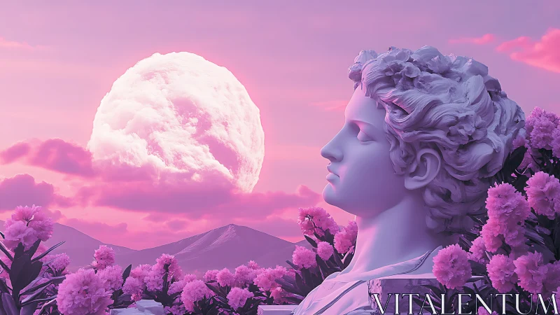 Marble head sculpture is rendered before enlarged moon