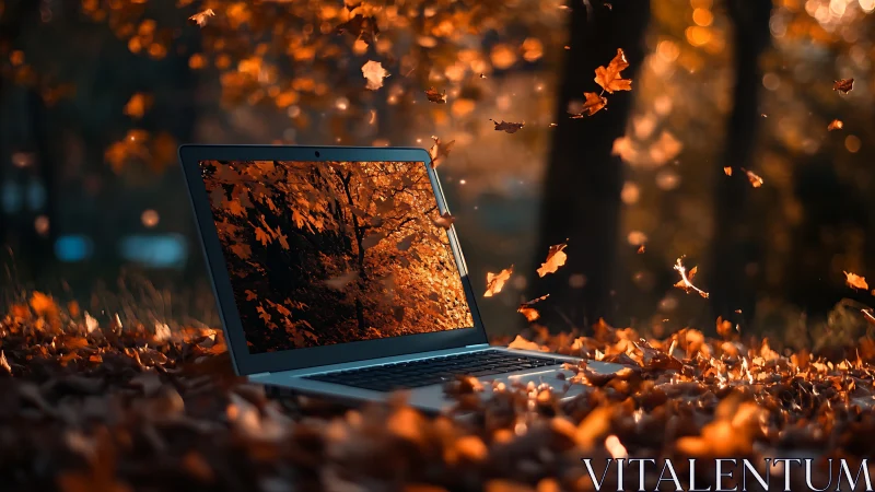 Laptop glows amid swirling autumn leaves in forest light.