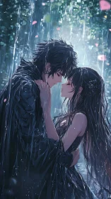 Anime rain-soaked lovers in intimate vertical portrait composition.
