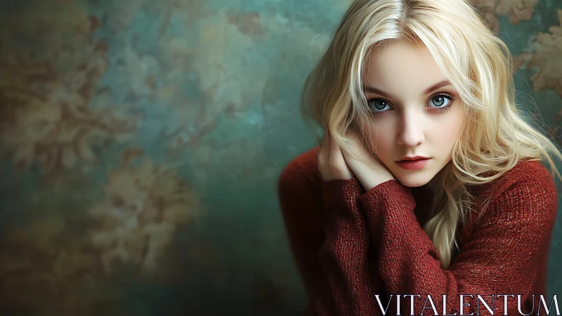 Soft gaze, cozy sweater and dreamy teal whispers of calm.