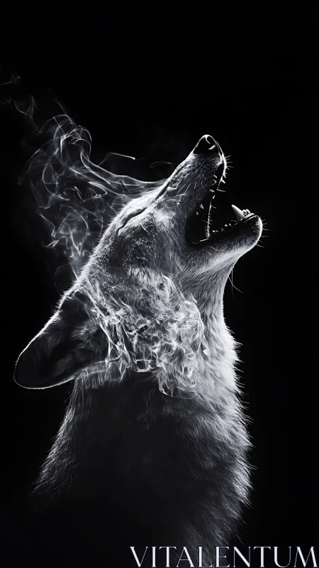 Howling wolf dissolves into swirling smoke on black