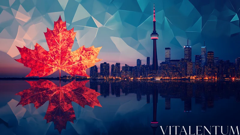 Maple leaf skyline reflection over stylized Toronto nightscape.