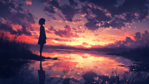 Silhouetted figure at sunset shoreline with mirrored sky reflection.