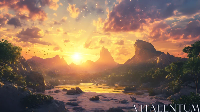 Sunlit tropical valley shows rocky riverbed at sunset