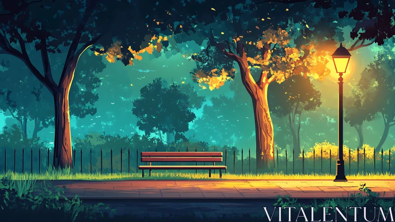 Sunset lamplight quietly crowns the lonely park bench