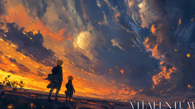 Two cloaked figures study a vast, incandescent sunset sky