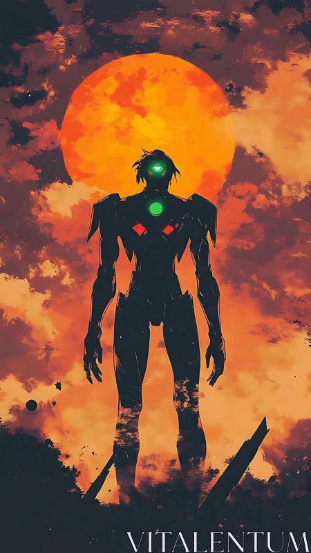 Silhouetted mech warrior stands against blazing red sun
