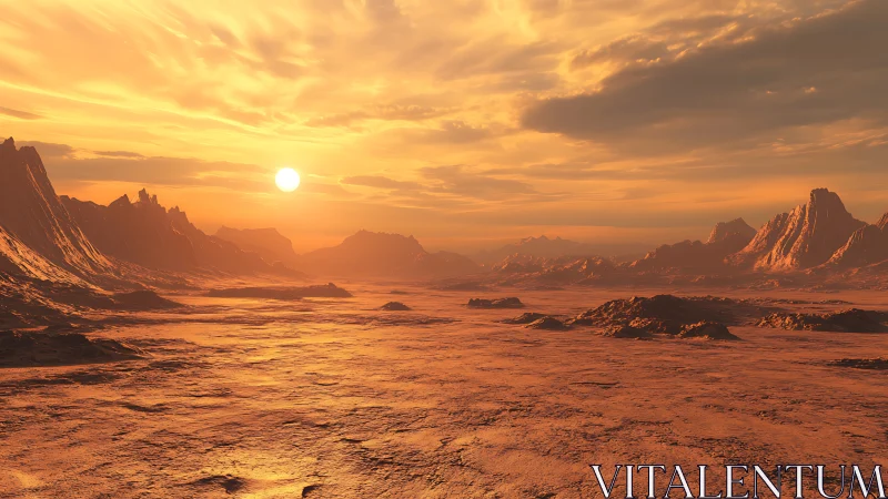 Volumetric sunset over stratified exoplanetary basin terrain.