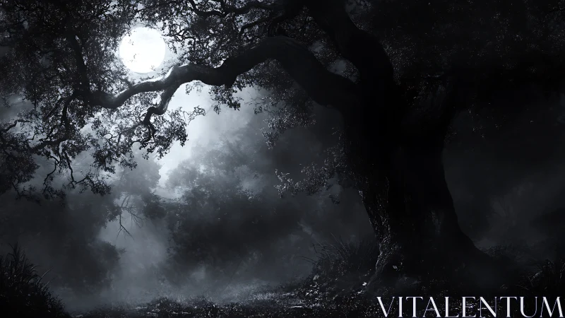 Moonlit ancient tree looms over a misty, haunted forest night