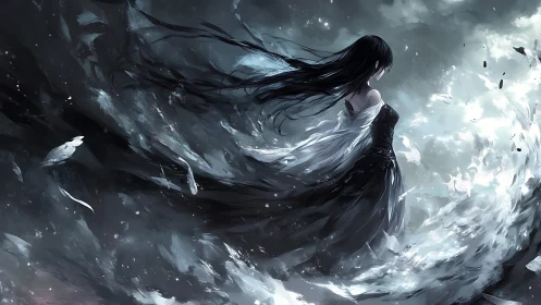 Stormlit girl walking into a swirling silver twilight.