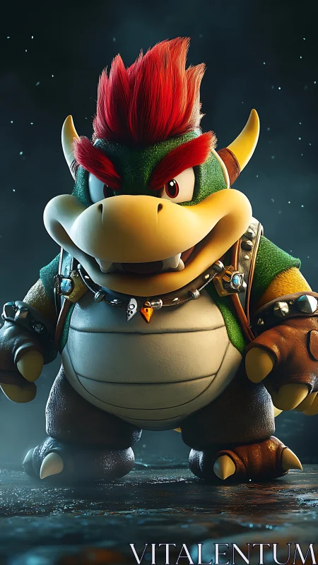 3D character portrait of spiked turtle villain in moody light.