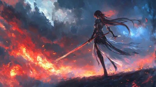 Armored anime swordswoman confronts sweeping inferno landscape