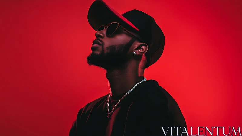 Stylish man in cap and sunglasses under neon red light