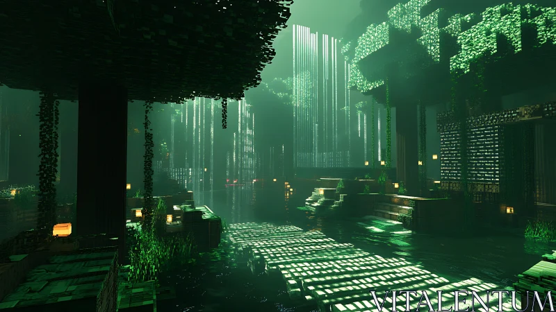 Voxel forest temple rendered with volumetric light shafts and GI