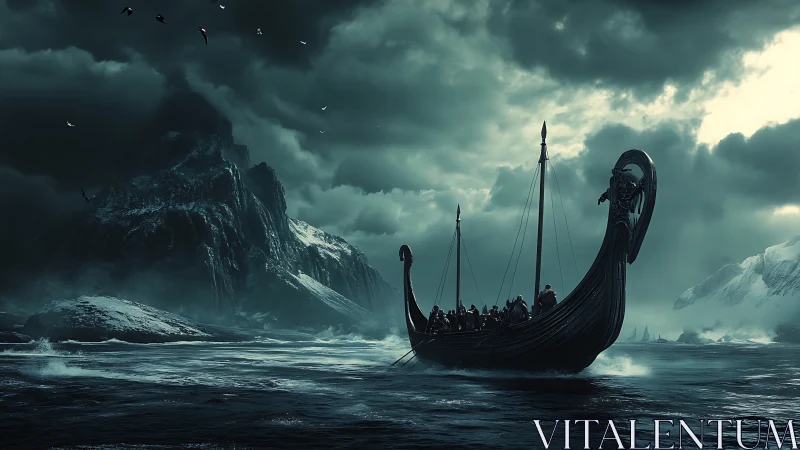 Viking longship cuts stormy Nordic sea toward dark fjord.