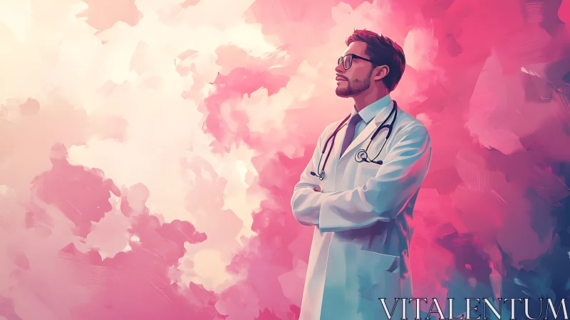 Male doctor in white coat against abstract pink backdrop.