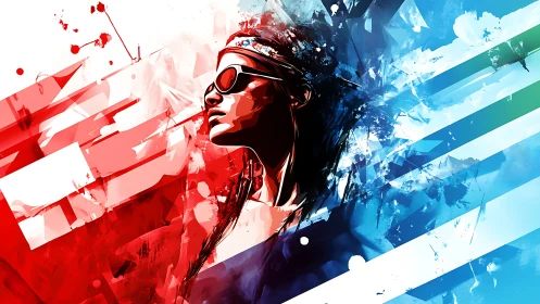 Stylized portrait with dynamic red blue abstract vector streaks