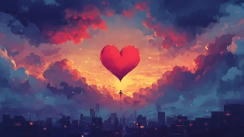 Giant Red Heart Floating Above Urban Skyline at Sunset.