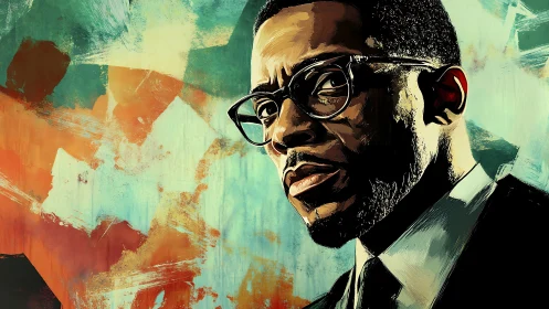 Intense portrait of suited man amid bold abstract strokes.