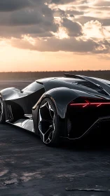 Futuristic black supercar parked on wet asphalt at sunset.