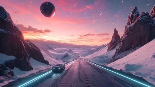 Futuristic highway across snowy valley under distant planet.