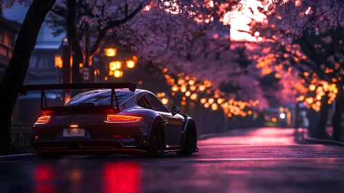 Sports car on urban street under pink blossom canopy at dusk.