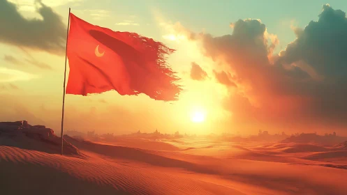 Red crescent flag over desert dunes at vivid sunset sky.
