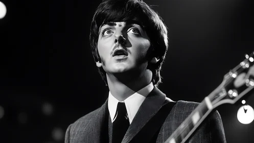 Stage-lit guitarist freezes mid-note beneath silver halos