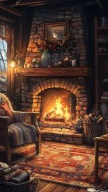 Stone fireplace warms rustic cabin with glowing fire