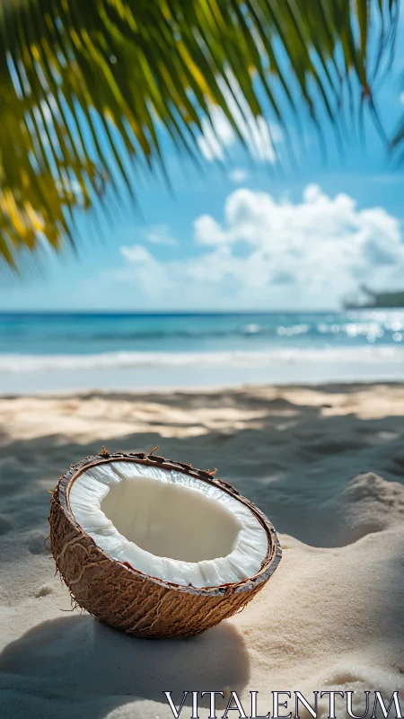 Halved coconut rests on sunlit sand beside tropical sea