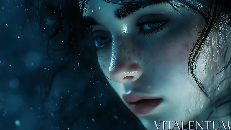 Melancholic close-up portrait in cold blue raindrops glow.