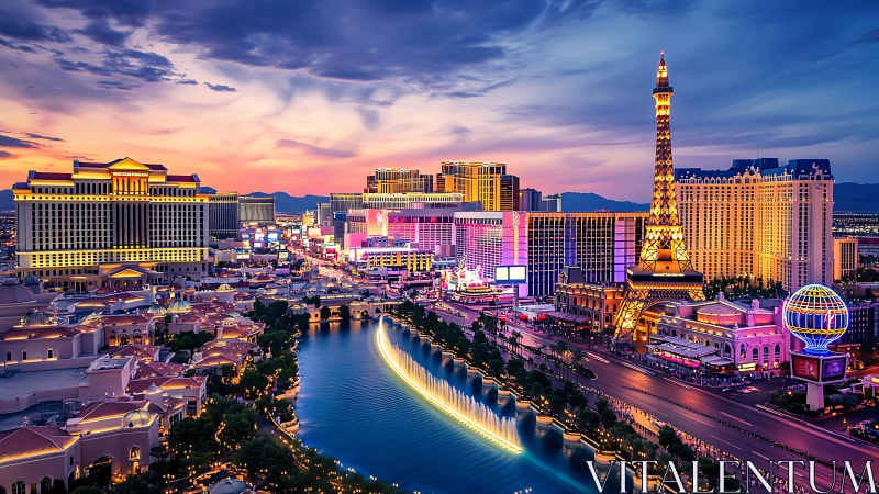 Las Vegas Strip skyline glows at dusk with vivid neon lighting