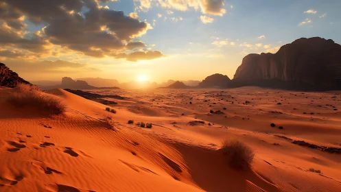 Golden desert dunes glow under low sun beyond rocky cliffs