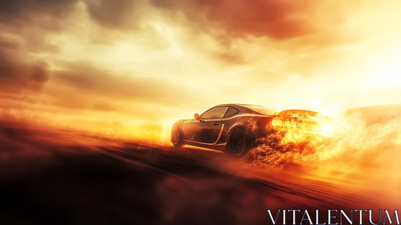 Sports car races through fiery desert landscape at sunset.